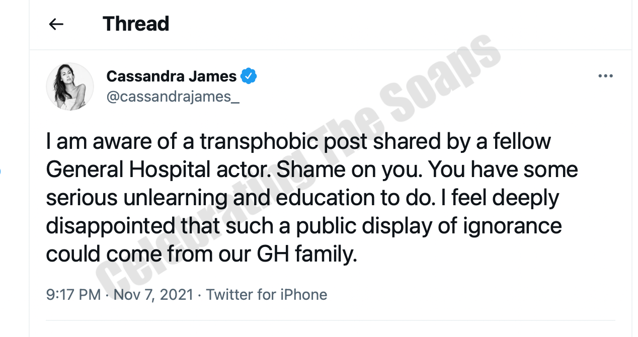 General Hospital Spoilers: Cassandra James Calls Out Co-Star for Transphobia