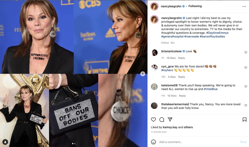 General Hospital Star Nancy Lee Grahn Makes A Roe V Wade Statement With Her Emmy Attire