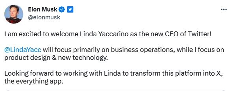 Elon Musk Appoints Linda Yaccarino