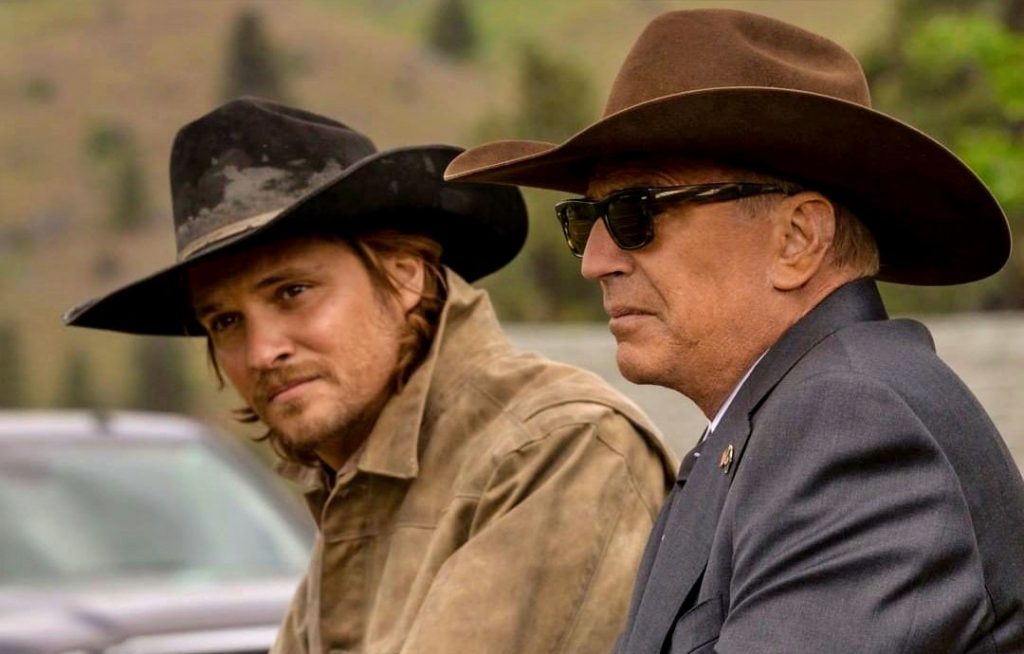 Luke Grimes as Kayce Dutton and Kevin Costner as John Dutton