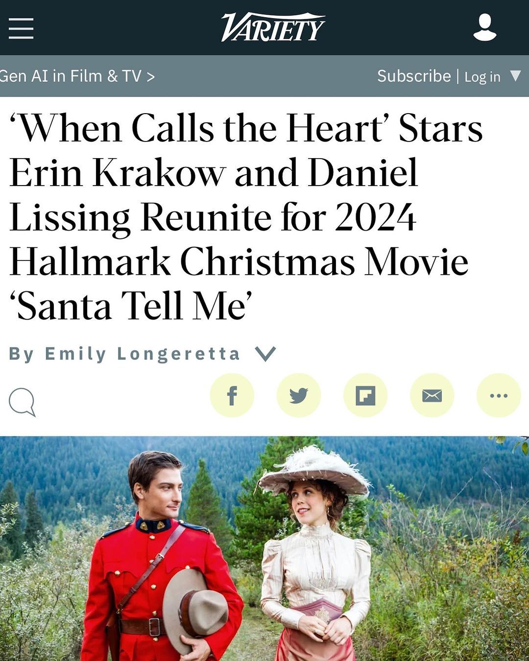 Daniel Lissing shared news of his and Erin Krakow's new Hallmark Christmas movie