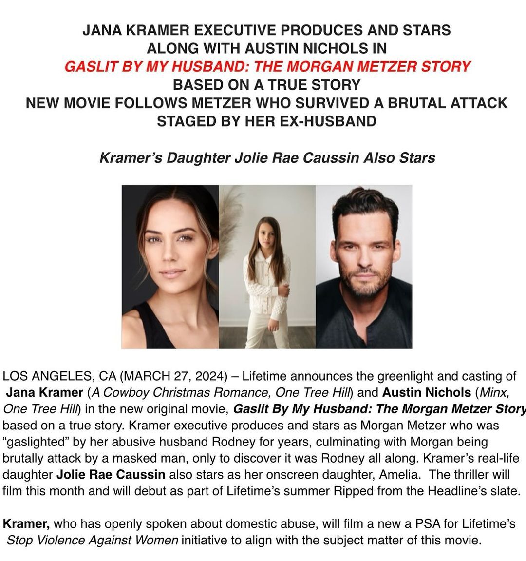 Jana Kramer stars in Lifetime movie Gaslit By My Husband: The Morgan Metzer Story alongside her daughter, Jolie Rae Caussin