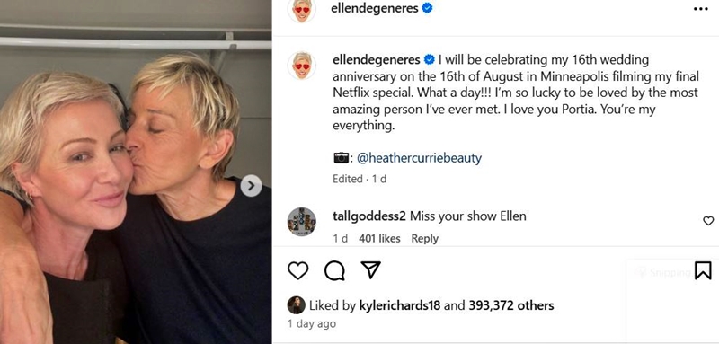 Ellen DeGeneres Celebrates Wedding Anniversary Filming For Netflix - Via Instagram