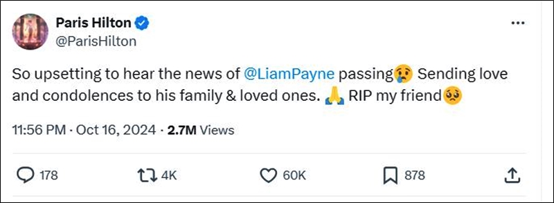 Paris Hilton Posts Tribute For Liam Payne - Twitter (X)