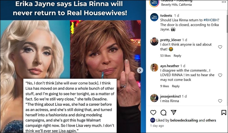 Erika Jayne Claims Lisa Rinna Is Out Of RHOBH Forever - TV Deets - Instagram