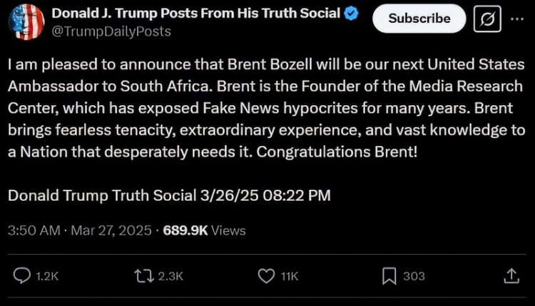 The New Ambassador Nominated By Trump To South Africa Gets Lots Of Responses – X