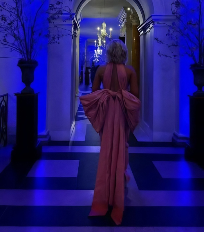 Wearing the pink dress in an official-looking building - @savanahchrisley - Instagram