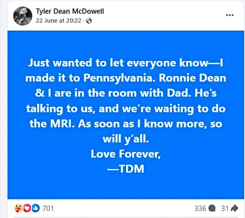 Tyler updates on his dad - Facebook