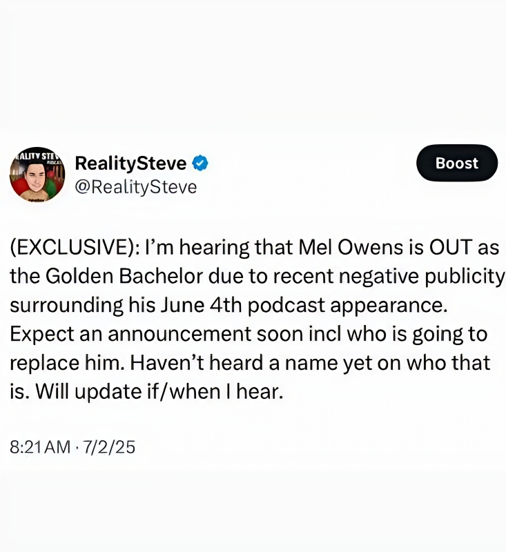 Mel is out per Reality Steve - Instagram