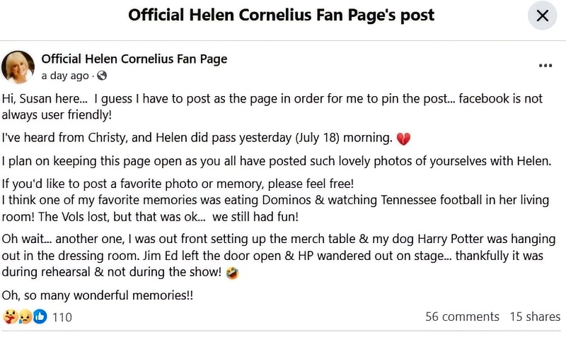 Helen fan page confirms the death - Facebook