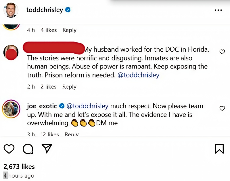 Joe Exotic comments on Todd's post - Instagram