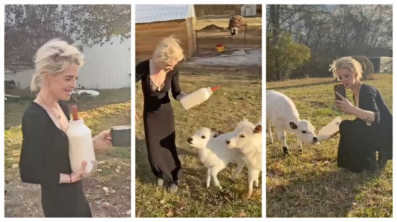 Kelly Osbourne feeds the calves in her party dress - Instagram